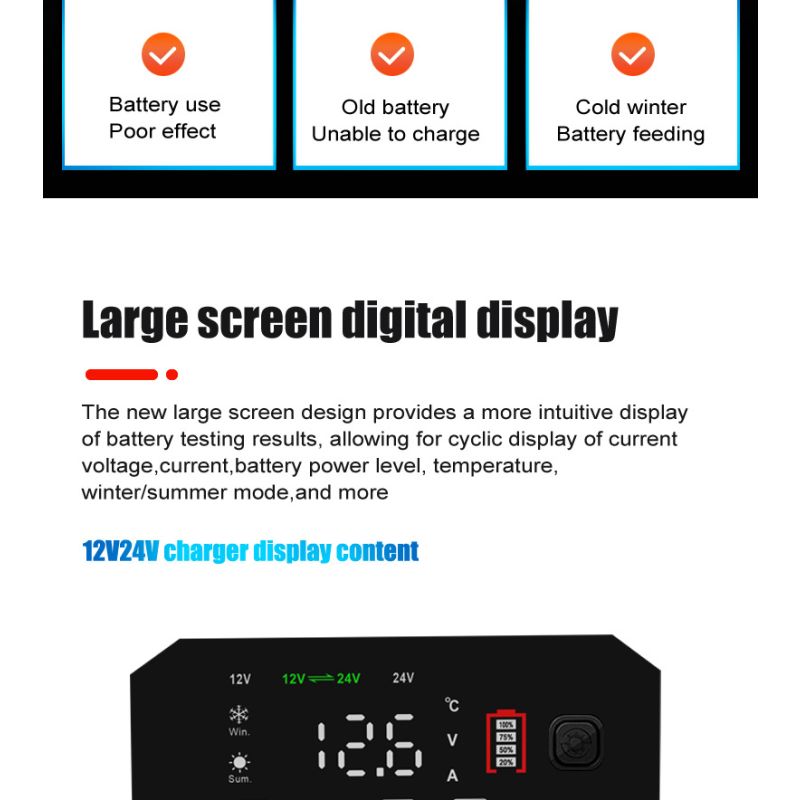 Prenosná nabíjačka autobatérií FOXSUR 20A pre 12V 24V motocyklové AGM LiFePO4 batérie s 7-stupňovým nabíjaním