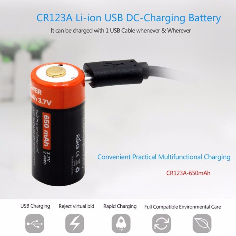 Nabíjateľná 16340 650mAh Micro USB Li-ion batéria Ekologická batéria pre elektronické zariadenia