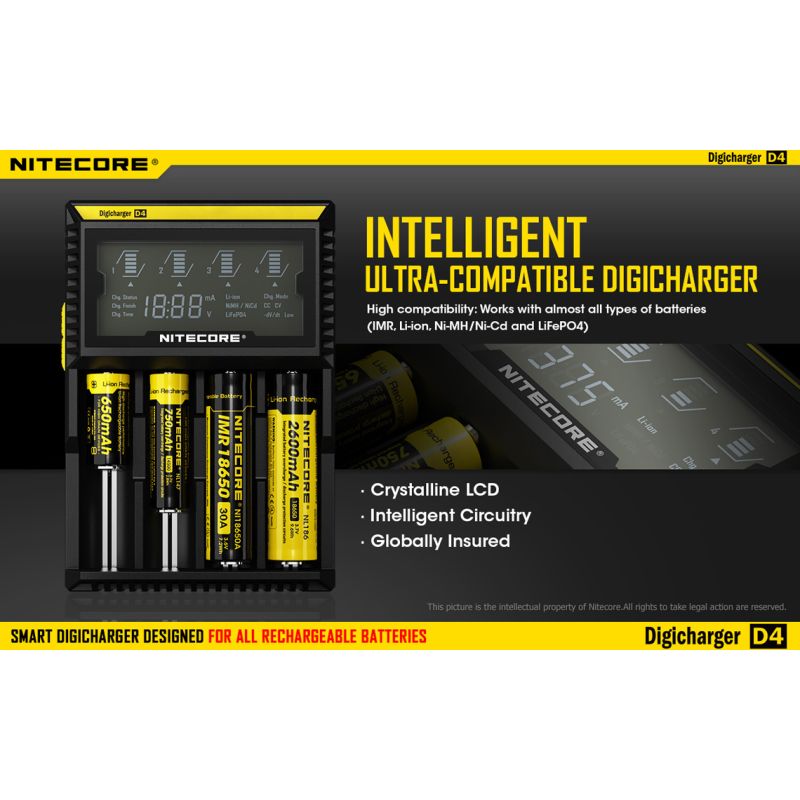Nitecore D4 DIGICHARGER inteligentná nabíjačka s LCD displejom pre Li-ion 18650 a 26650 batérie bezpečnosť