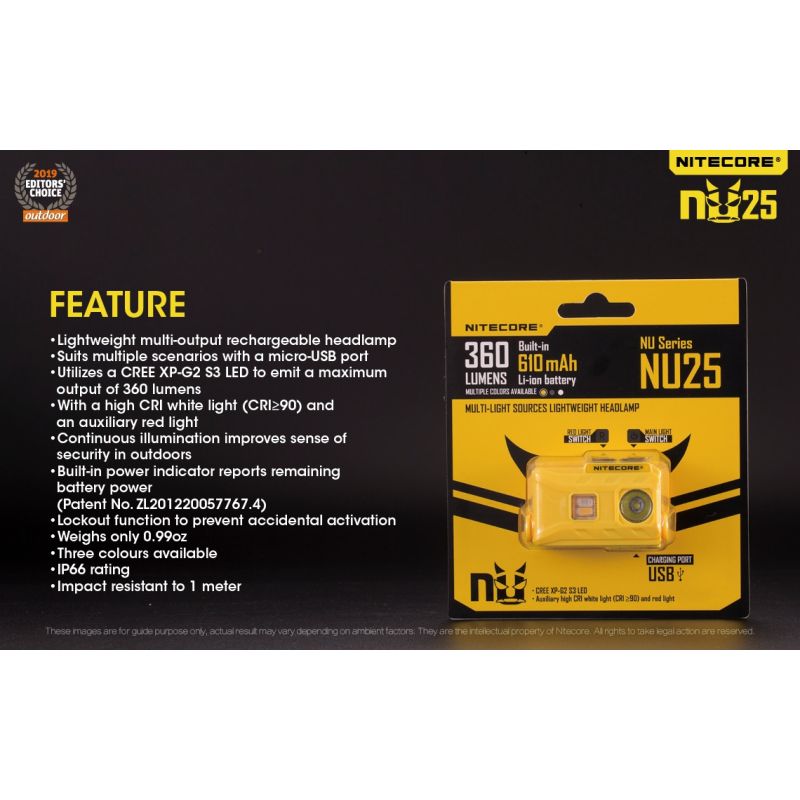 Nitecore NU25 ľahký LED svetlomet XP-G2 S3 LED 360 lúmenov pre vybavenie na kempovanie nabíjateľný svetlomet