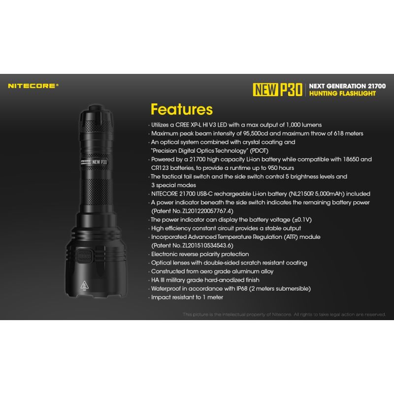 Nitecore P30 XP-L HI V3 LED viac režimov 1000 lúmenov ľahká vonkajšia baterka dosah lúča 618 metrov