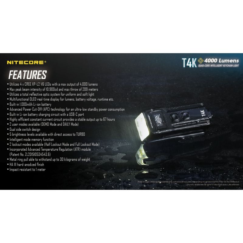 Nitecore T4K prenosná kľúčenka baterka 4000 lúmenov XP-L2 V6 LED USB-C pre vonkajšie osvetlenie a nosenie