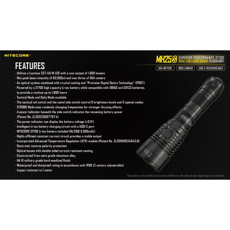 Nitecore MH25S LED baterka s Luminus SST-40 1800 lúmenov USB-C nabíjateľná ideálna pre kemping a outdoor