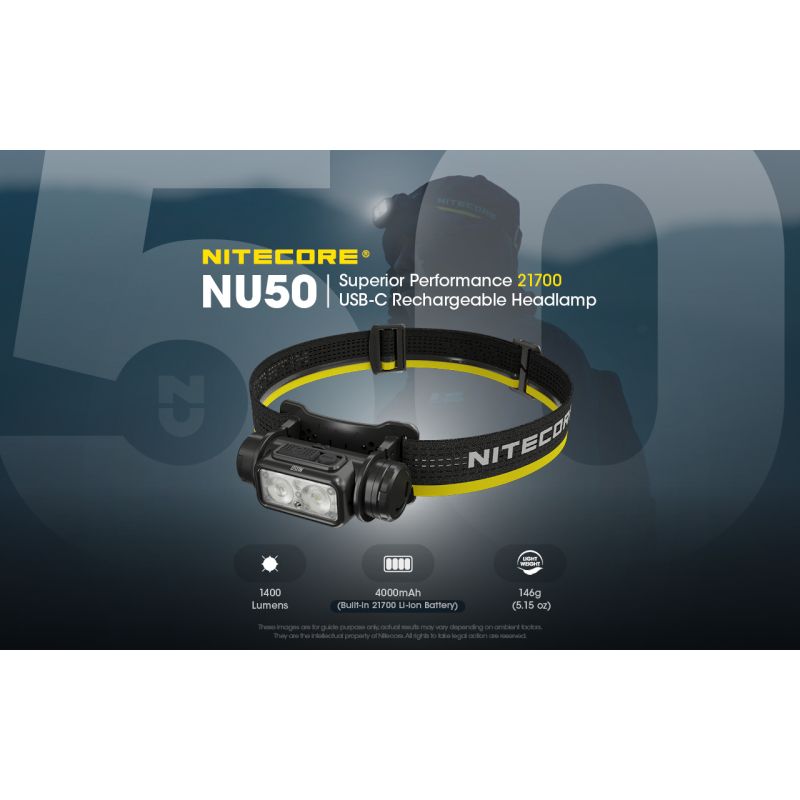 Nitecore NU50 1400 lúmenov ľahká nabíjateľná čelovka s vstavanou batériou pre outdoorové osvetlenie