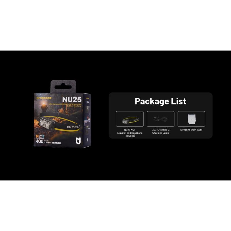 NITECORE NU25 ľahká LED čelovka 400 lúmenov USB-C nabíjanie ideálna na turistiku outdoorové osvetlenie