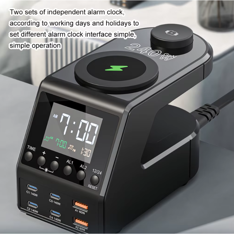 240W Nabíjačka, USB-C Nabíjačka s Budíkom: Rýchle Nabíjanie pre Viacerých Zariadení!