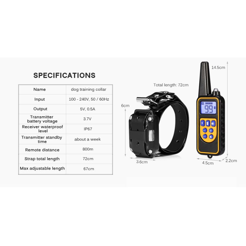 Elektrický psie tréningový golier 800m vodotesný nabíjateľný s diaľkovým ovládaním LCD displejom pre všetky veľkosti