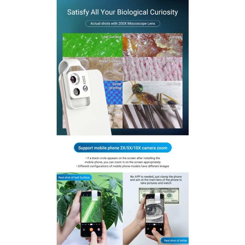 APEXEL 200-násobné zväčšenie mikro vreckový makro objektív pre iPhone Samsung mobilná fotografia prírody