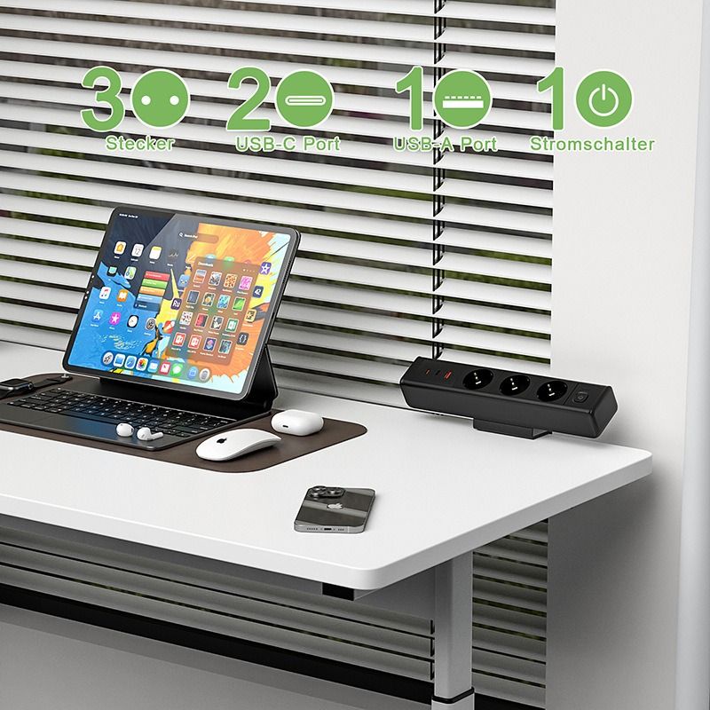 Napájacia lišta USB-C/A s rýchlym nabíjaním a ochranou proti preťaženiu. Stolný rozbočovač s elegantným dizajnom.