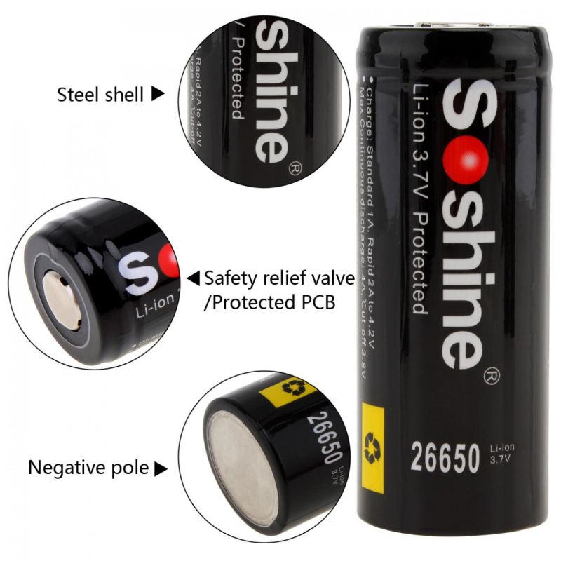Nové SoShine 26650 5500mAh Li-ion nabíjateľné batérie 3.7V vhodné do elektroniky náradia bateriek 2 balenie