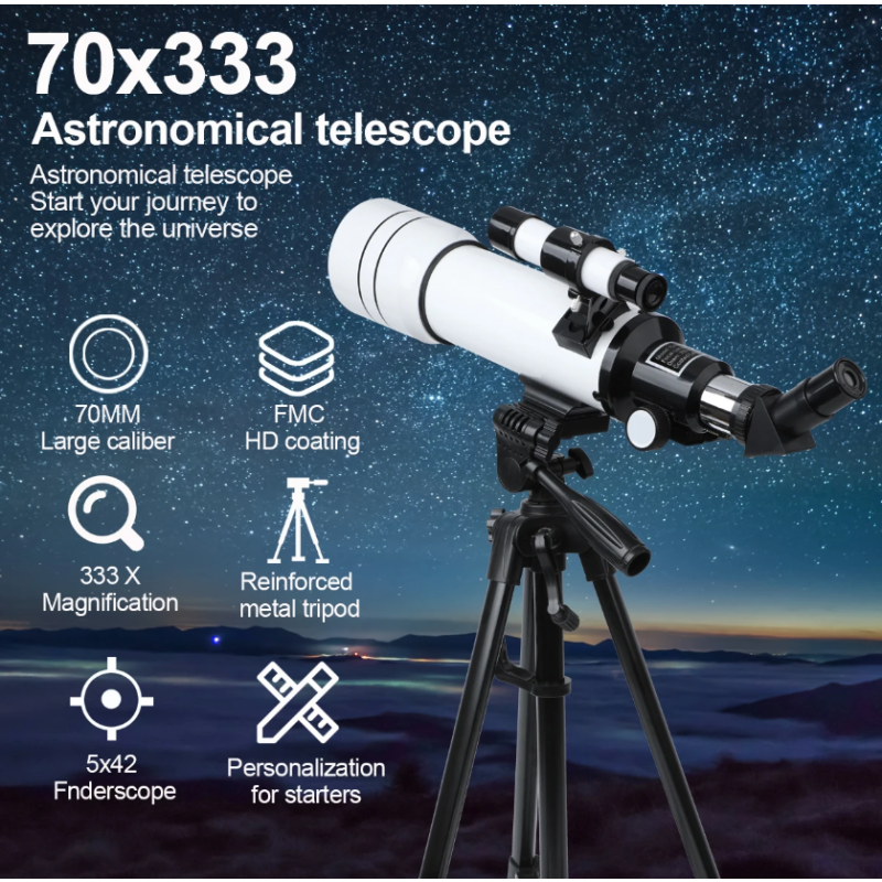 Bossdun teleskop 333X zväčšenie astronomický teleskop pre deti na pozorovanie hviezd a mesiaca 70 mm objektív