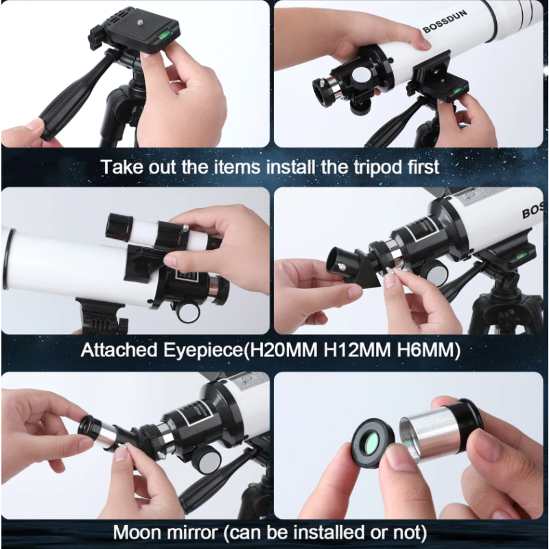 Bossdun teleskop 333X zväčšenie astronomický teleskop pre deti na pozorovanie hviezd a mesiaca 70 mm objektív