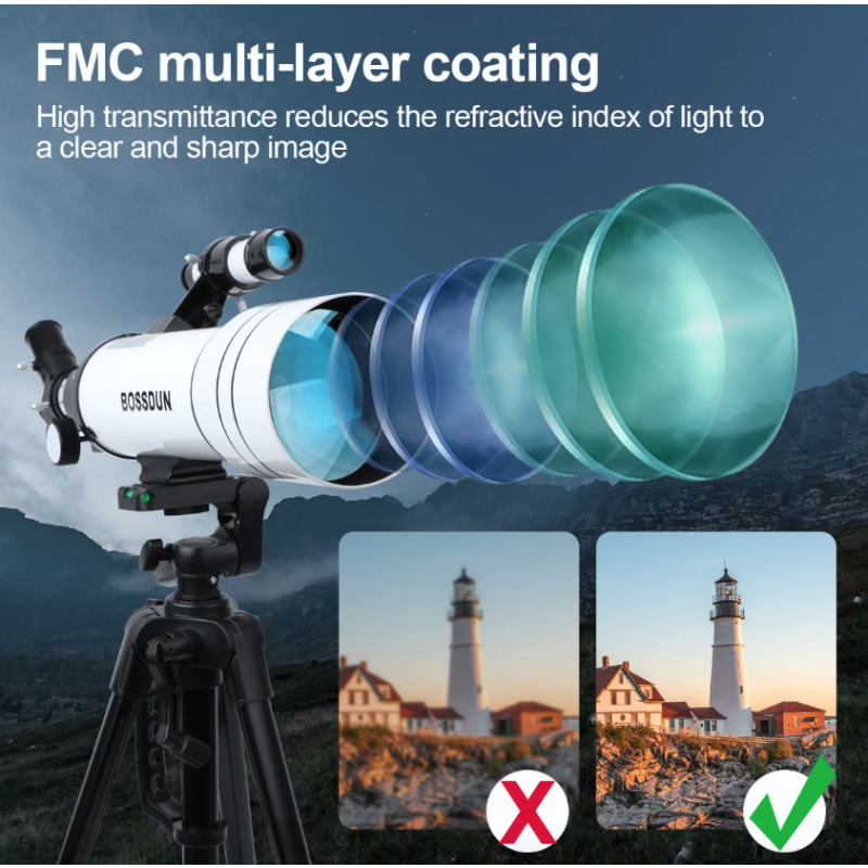 Bossdun teleskop 333X zväčšenie astronomický teleskop pre deti na pozorovanie hviezd a mesiaca 70 mm objektív