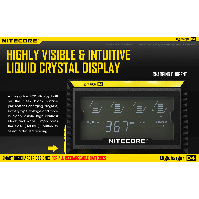 Nitecore D4 DIGICHARGER inteligentná nabíjačka s LCD displejom pre Li-ion 18650 a 26650 batérie bezpečnosť