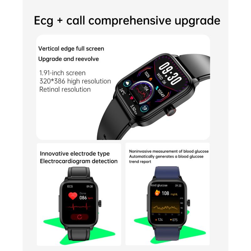 ET540 EKG Smartwatch s glukózou a telesnou teplotou, Bluetooth hovor, Fitness Sledovač pre Zdravie