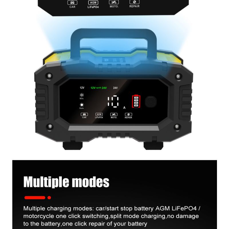 Prenosná nabíjačka autobatérií FOXSUR 12V/24V pre olovené a AGM batérie 7-stupňové nabíjanie efektivita a bezpečnosť