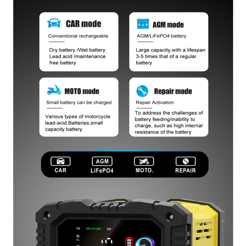 Prenosná nabíjačka autobatérií FOXSUR 12V/24V pre olovené a AGM batérie 7-stupňové nabíjanie efektivita a bezpečnosť