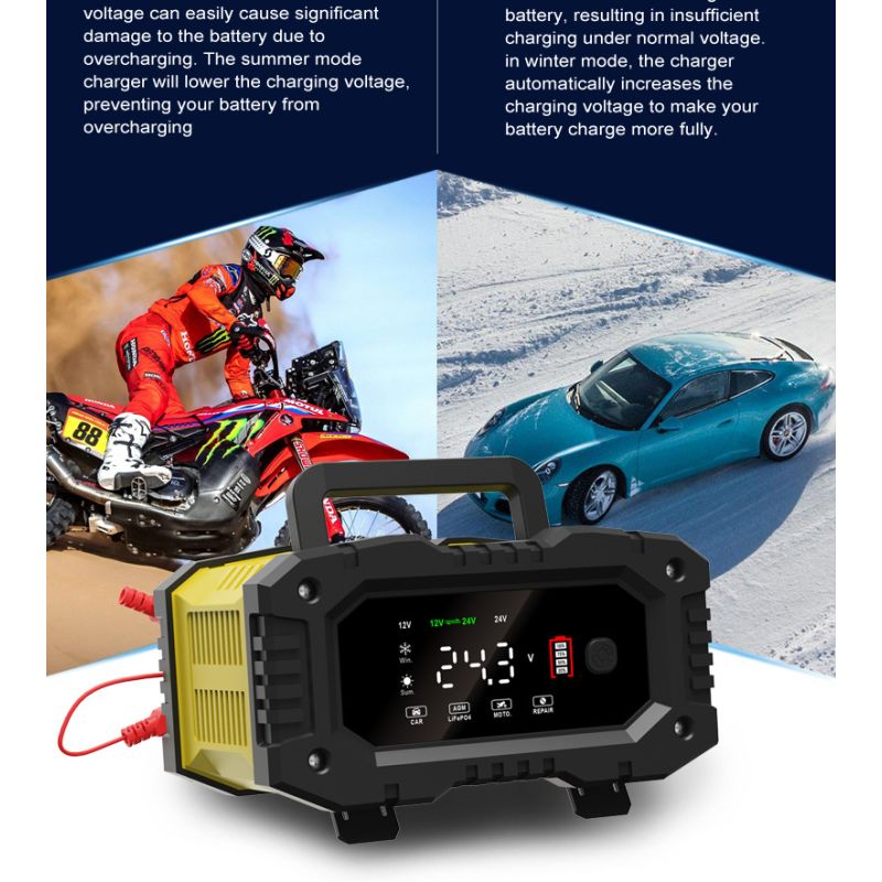 Prenosná nabíjačka autobatérií FOXSUR 12V/24V pre olovené a AGM batérie 7-stupňové nabíjanie efektivita a bezpečnosť