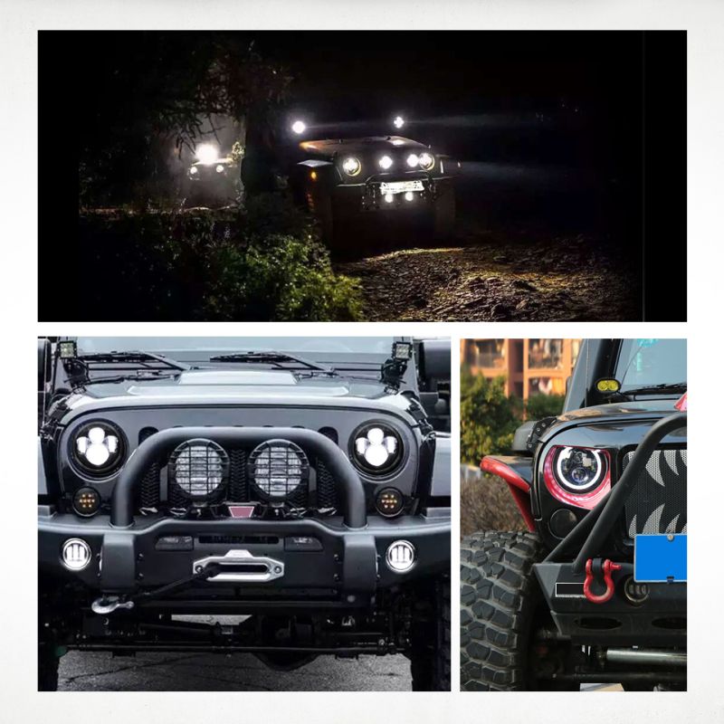 7 palcový LED svetlomet CO LIGHT H4 DRL pre Jeep Wrangler Lada Niva multifunkčný žlto-biely Angel Eye