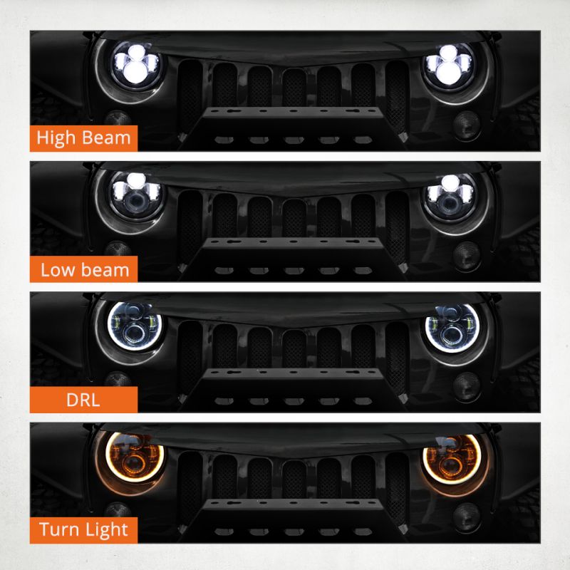 7 palcový LED svetlomet CO LIGHT H4 DRL pre Jeep Wrangler Lada Niva multifunkčný žlto-biely Angel Eye