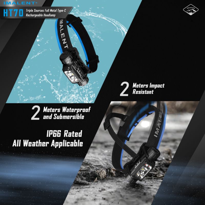 Dobrodružná čelovka IMALENT HT70 3500 lúmenov XHP50.3 HI LED s tromi zdrojmi svetla pre vonkajšie osvetlenie