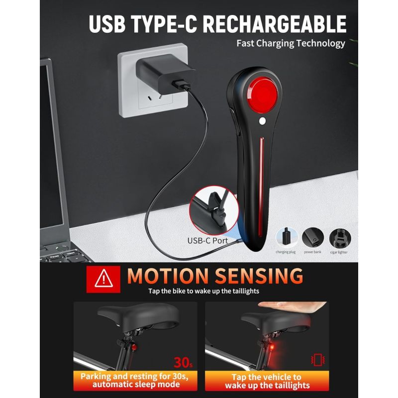 Inteligentné zadné svetlo na bicykel USB-C, super jasné LED osvetlenie pre cestné a horské bicykle