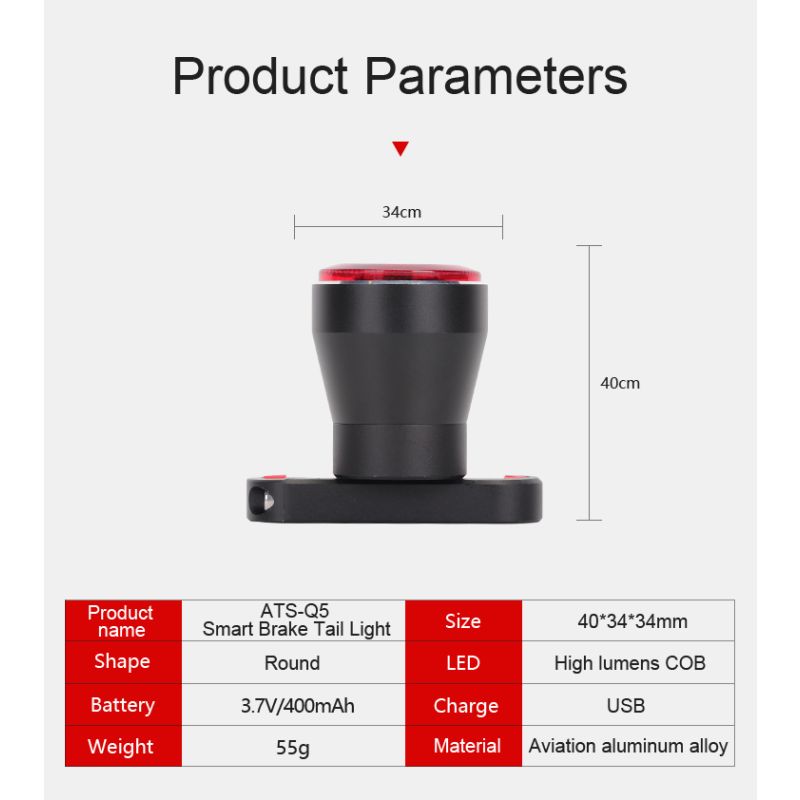 ANTUSI Q5 Inteligentné zadné svetlo na bicykel Auto štart/stop IPx6 Vodotesné Viacero režimov blesku
