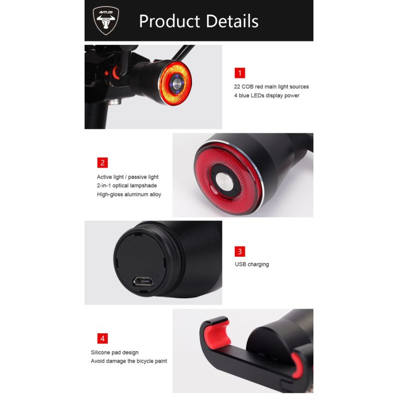 ANTUSI Q5 Inteligentné zadné svetlo na bicykel Auto štart/stop IPx6 Vodotesné Viacero režimov blesku