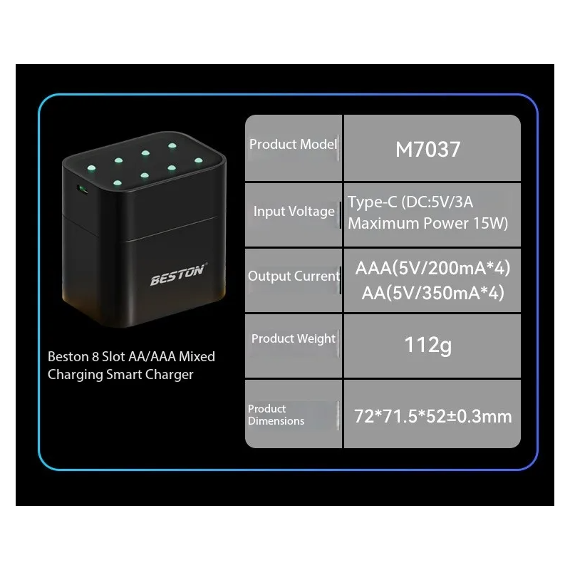 Beston Inteligentná Nabíjačka 8 Slotov pre AA & 1.5V Li-ion 3600mWh Batérie, Rýchle Nabíjanie, Ochrana Prebitia, Set