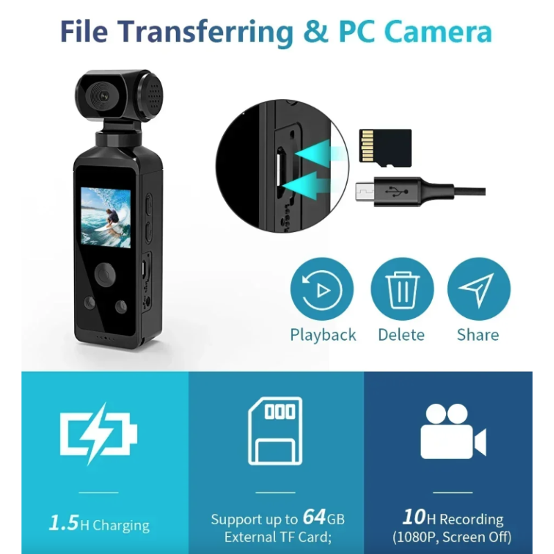 4K Akčná Kamera, Vrecková Mini Športová Vlog Ovládacia Kamera s WiFi, 270° Otočná HD Pre Cestovanie Bicykel a Viac