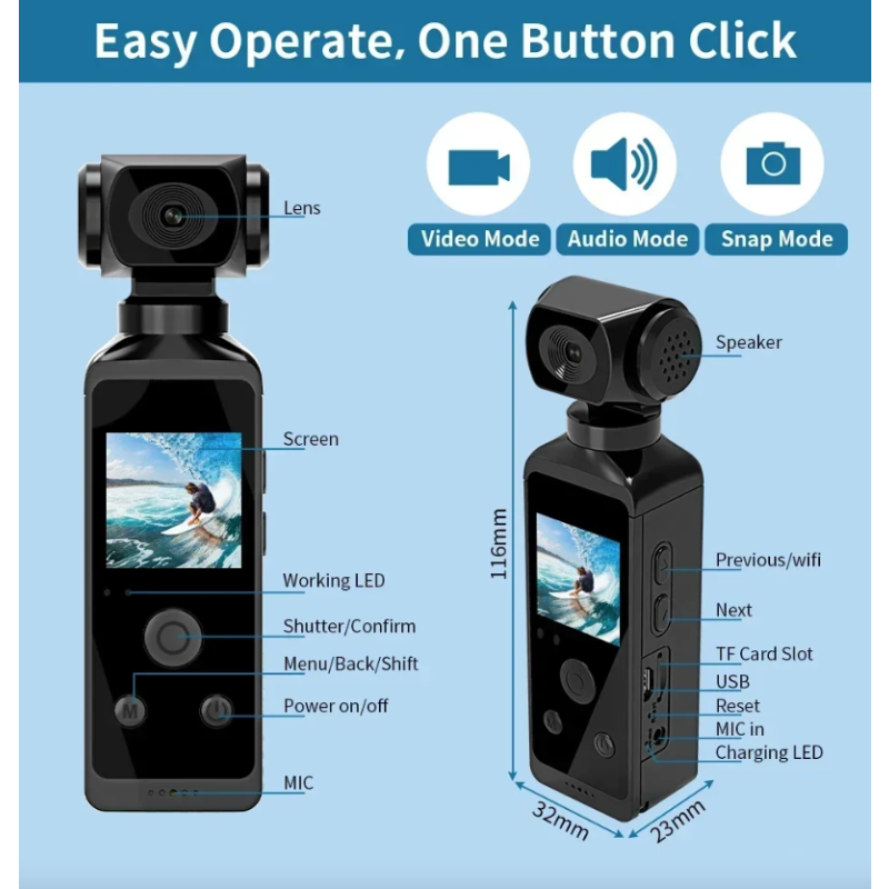 4K Akčná Kamera, Vrecková Mini Športová Vlog Ovládacia Kamera s WiFi, 270° Otočná HD Pre Cestovanie Bicykel a Viac