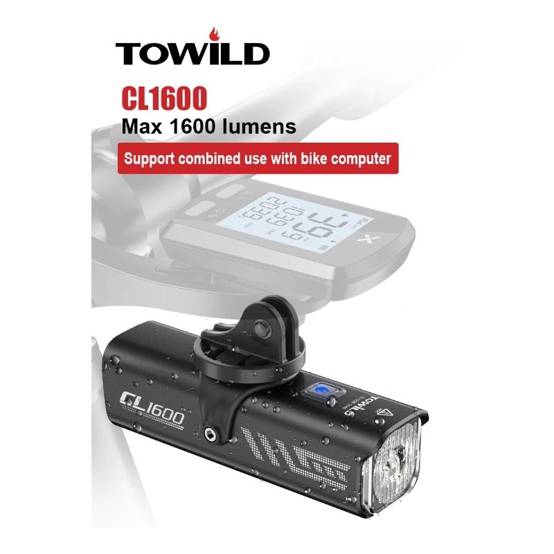 TOWILD CL1600 LED svetlo na bicykel 1600 lumenov USB dobíjanie bezpečná jazda s IPX6 vodotesnosťou