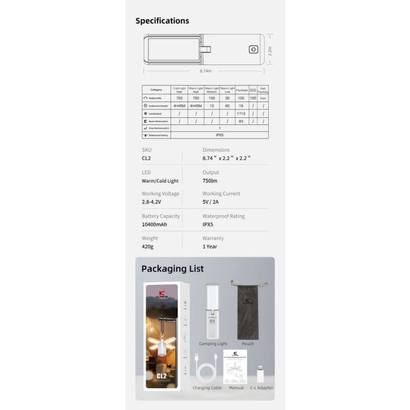 Klarus CL2 kempingová lampa 750 lúmenov s nastaviteľným uhlom starostlivosť o oči 7 osvetľovacích režimov