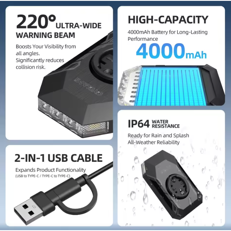 CYCLAMI CL350 Svetlo na bicykel 4000mAh | Type-C | Predné svetlo pre bezpečné bicyklovanie