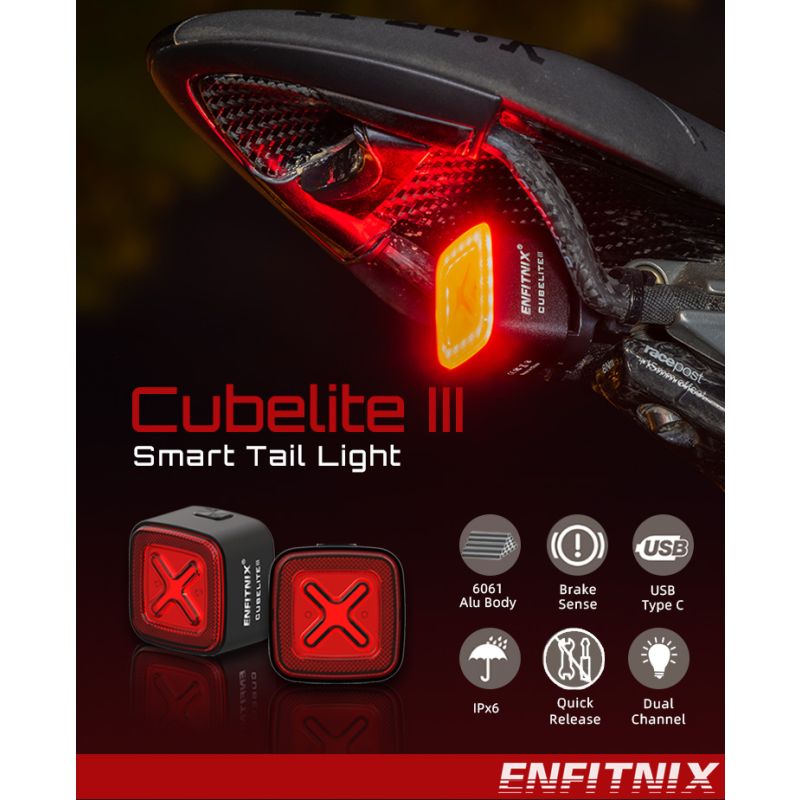Enfitnix Cubelite III inteligentné zadné svetlo LED 30 lumenov USB nabíjanie bezpečnosť na bicykli viditeľnosť