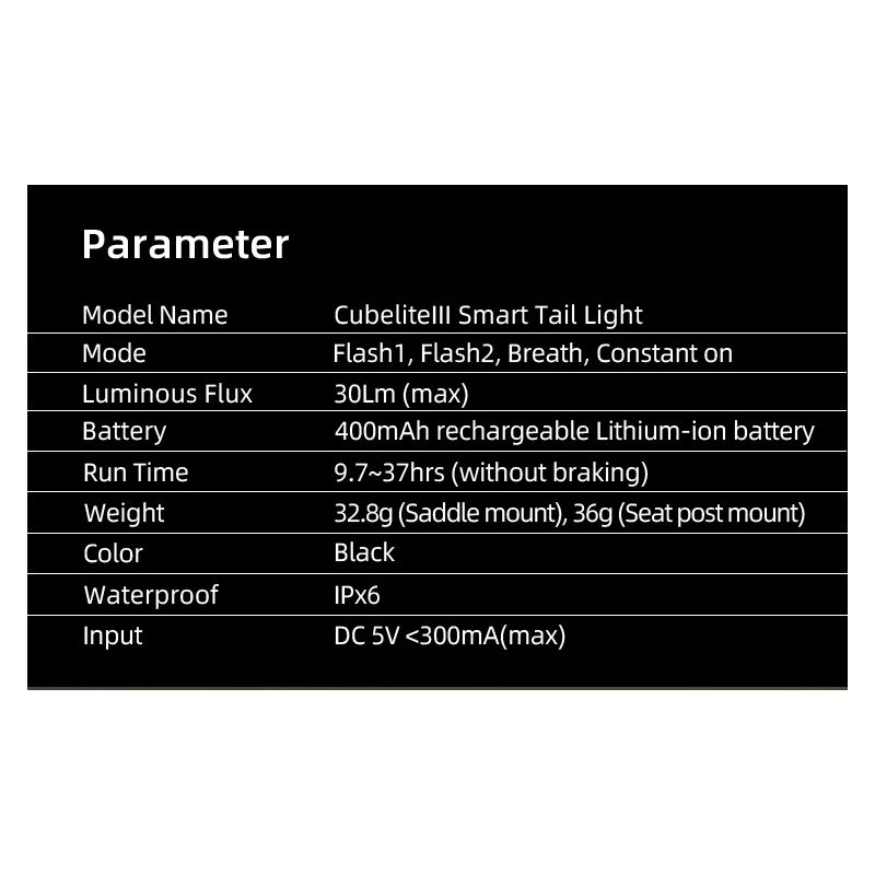 Enfitnix Cubelite III inteligentné zadné svetlo LED 30 lumenov USB nabíjanie bezpečnosť na bicykli viditeľnosť