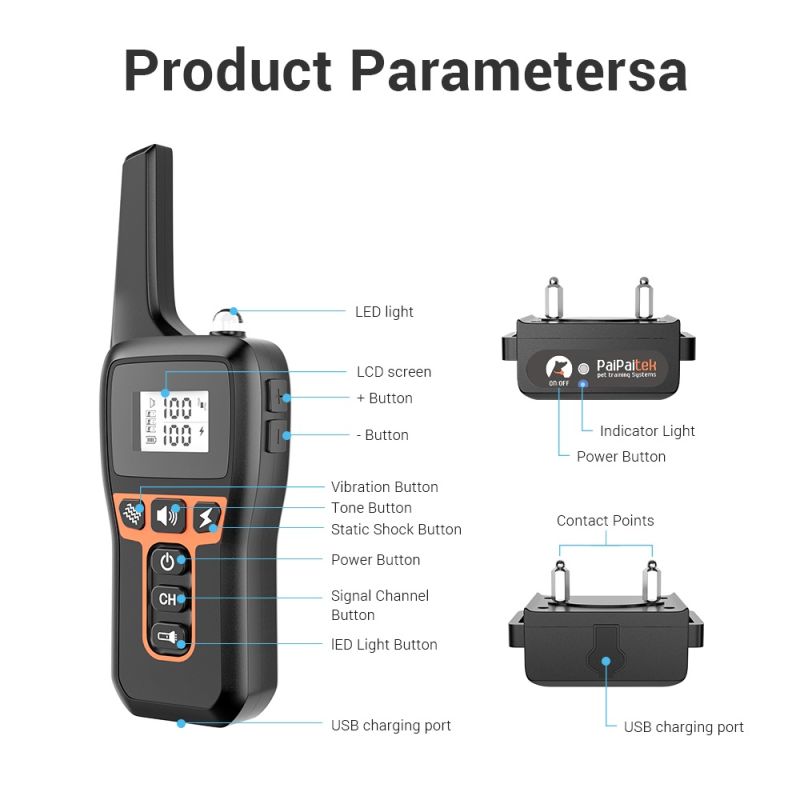 Elektrický výcvikový obojok pre psov IPX7 vodotesný nastaviteľné vibrácie statický šok diaľkové ovládanie 1000 m
