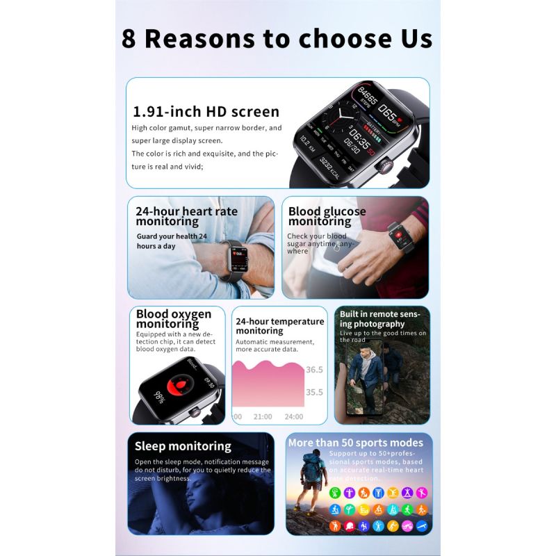 F57L Smart hodinky: Meranie Krvnej Glukózy, Tlaku, Srdcovej Frekvencie. 1.91