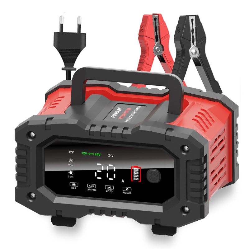 Prenosná nabíjačka autobatérií FOXSUR 20A pre 12V 24V motocyklové AGM LiFePO4 batérie s 7-stupňovým nabíjaním
