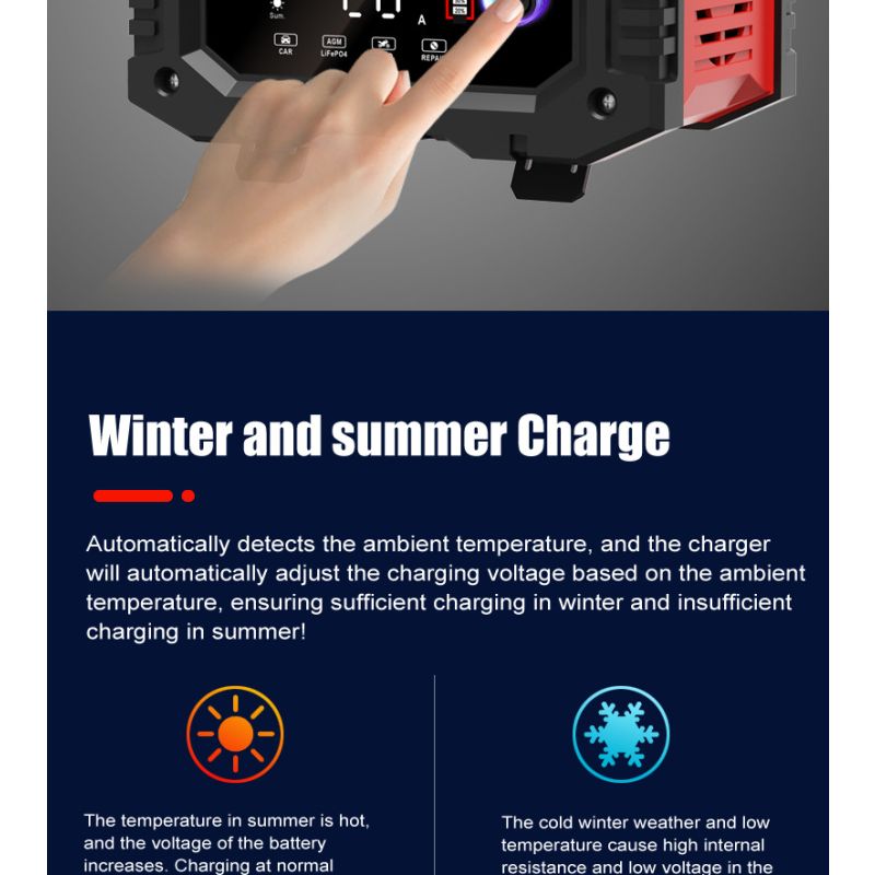 Prenosná nabíjačka autobatérií FOXSUR 20A pre 12V 24V motocyklové AGM LiFePO4 batérie s 7-stupňovým nabíjaním