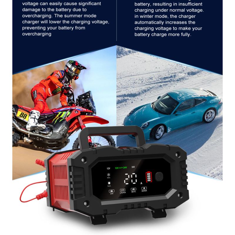 Prenosná nabíjačka autobatérií FOXSUR 20A pre 12V 24V motocyklové AGM LiFePO4 batérie s 7-stupňovým nabíjaním