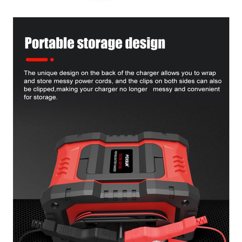 Prenosná nabíjačka autobatérií FOXSUR 20A pre 12V 24V motocyklové AGM LiFePO4 batérie s 7-stupňovým nabíjaním