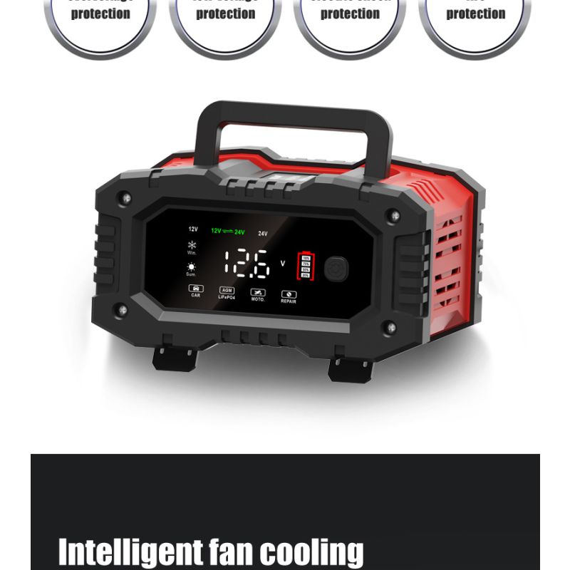 Prenosná nabíjačka autobatérií FOXSUR 20A pre 12V 24V motocyklové AGM LiFePO4 batérie s 7-stupňovým nabíjaním