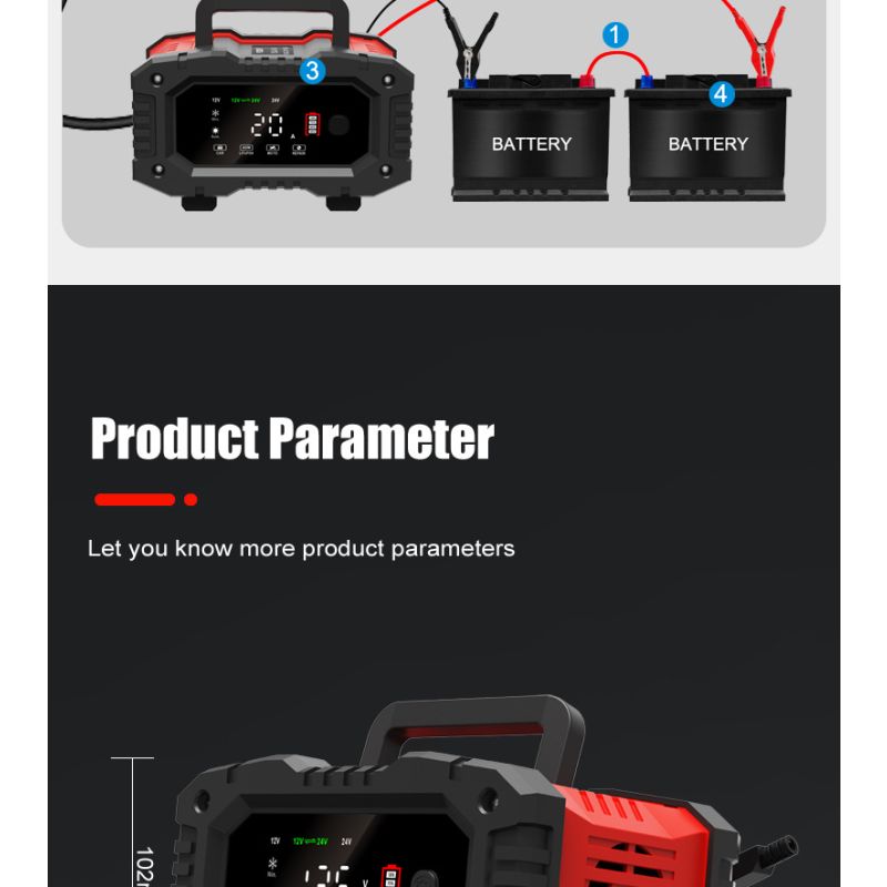 Prenosná nabíjačka autobatérií FOXSUR 20A pre 12V 24V motocyklové AGM LiFePO4 batérie s 7-stupňovým nabíjaním