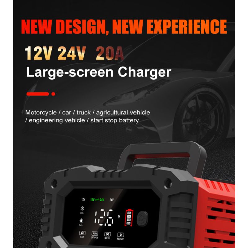 Prenosná nabíjačka autobatérií FOXSUR 20A pre 12V 24V motocyklové AGM LiFePO4 batérie s 7-stupňovým nabíjaním