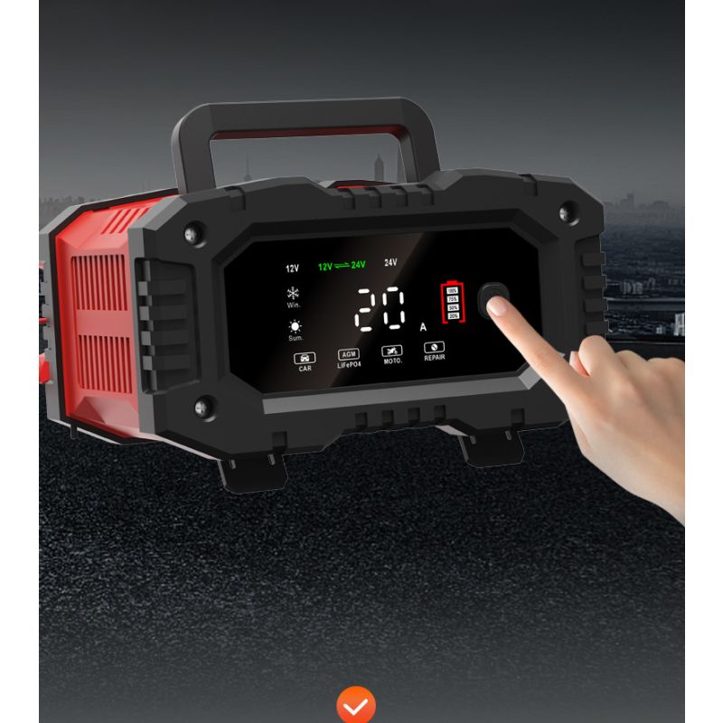 Prenosná nabíjačka autobatérií FOXSUR 20A pre 12V 24V motocyklové AGM LiFePO4 batérie s 7-stupňovým nabíjaním