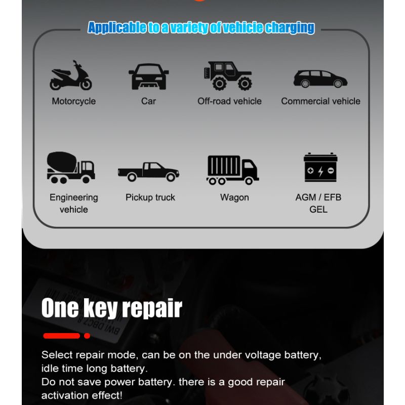 Prenosná nabíjačka autobatérií FOXSUR 20A pre 12V 24V motocyklové AGM LiFePO4 batérie s 7-stupňovým nabíjaním