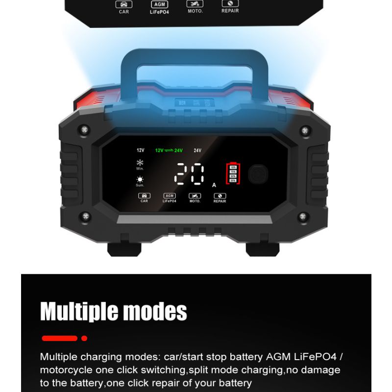 Prenosná nabíjačka autobatérií FOXSUR 20A pre 12V 24V motocyklové AGM LiFePO4 batérie s 7-stupňovým nabíjaním