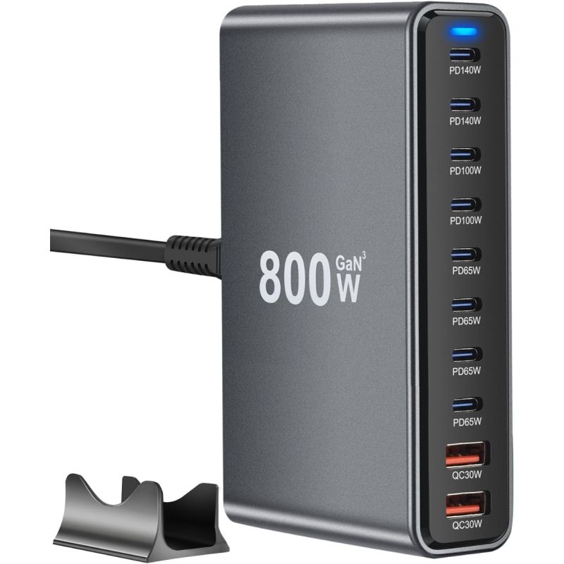 800W USB C GaN III Pro Rýchlonabíjačka: 10-portová nabíjačka s duálnym 140W PD PPS