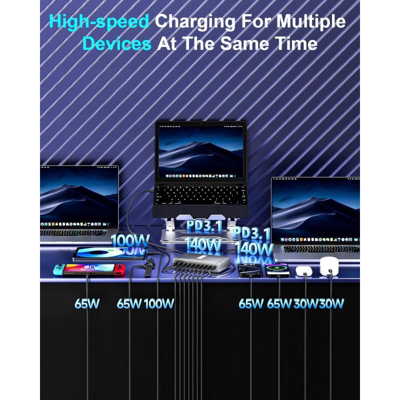 800W USB C GaN III Pro Rýchlonabíjačka: 10-portová nabíjačka s duálnym 140W PD PPS